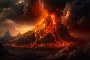 Illustration depicting an immense volcanic eruption. The fiery lava cascades down the slopes, engulfing everything in its path. Ai generated