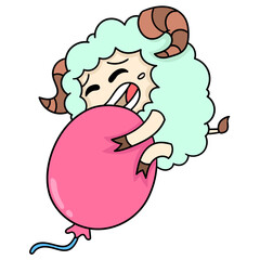 Simple illustration of a fluffy sheep with a happy face hugging a balloon against a white background