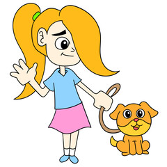 Simple illustration of a girl walking with her pet dog against a white background