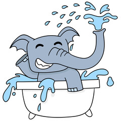 Simple illustration of a blue elephant bathing in the bathup against a white background