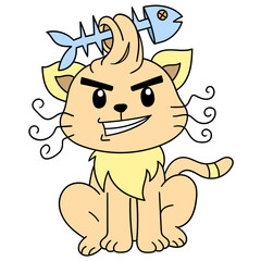 Simple illustraiton of a cute cat with fish skeleton against a white background
