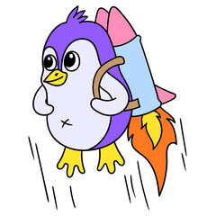 Simple illustration of a cute penguin flying with space rocket against a white background
