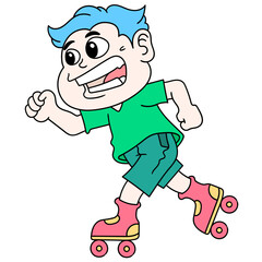 Simple illustration of a boy roller skating happily against a white background