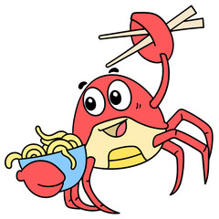 Simple illustration of a red crab mascot carrying a bowl of noodles against a white background