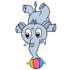 Simple illustration of an elephant standing with its trunk on a ball against a white background