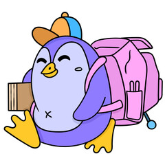 Simple illustration of a cute penguin carrying a backpack with a book in hand