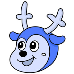 Simple illustration of a blue reindeer animal head with a happy face against a white background