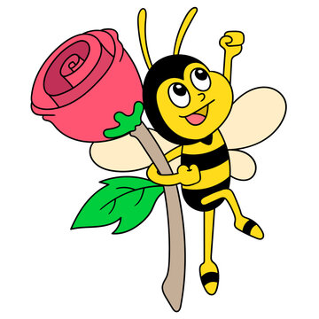 Simple illustration of a cartoon bee carrying a rose against a white background