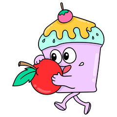 Simple illustration of a walking cupcake buns carrying a red tomatoe against a white background