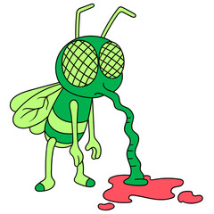 Green cartoon mosquito with blood on the floor isolated on white background