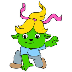 Cartoon girl character with green skin isolated on white background