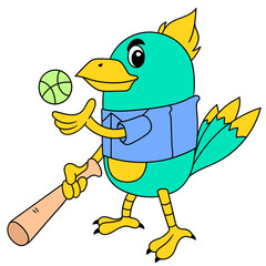 Cartoon bird playing baseball isolated on white background