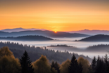 Fototapeta na wymiar View above foggy forest at sunrise, Generative AI