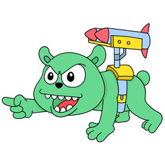 Green cartoon with an angry face and cannon on its back