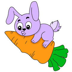 Purple cartoon bunny hugging a carrot on white background