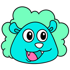 Blue cartoon character face with curly hair isolated on white background