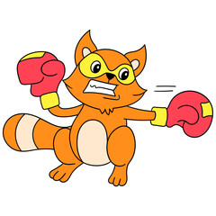 Cartoon raccoon boxing on white background