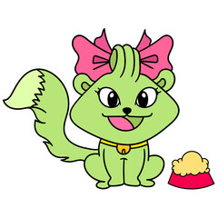 Cartoon doodle of a green fox-like character with a pink ribbon and a red food bowl