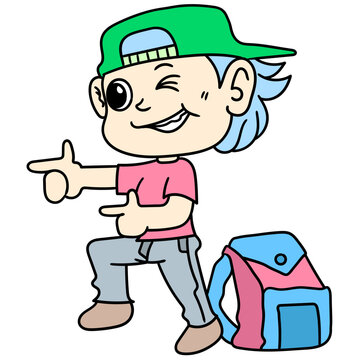 Cartoon person with a cap and backpack smiling on white backgrund