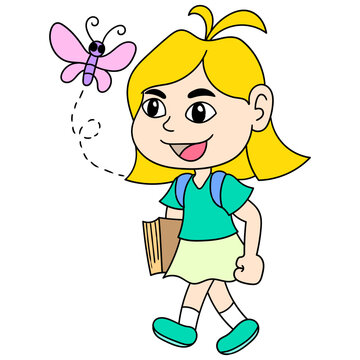 Cartoon girl holding a book next to a butterfly isolated on white background