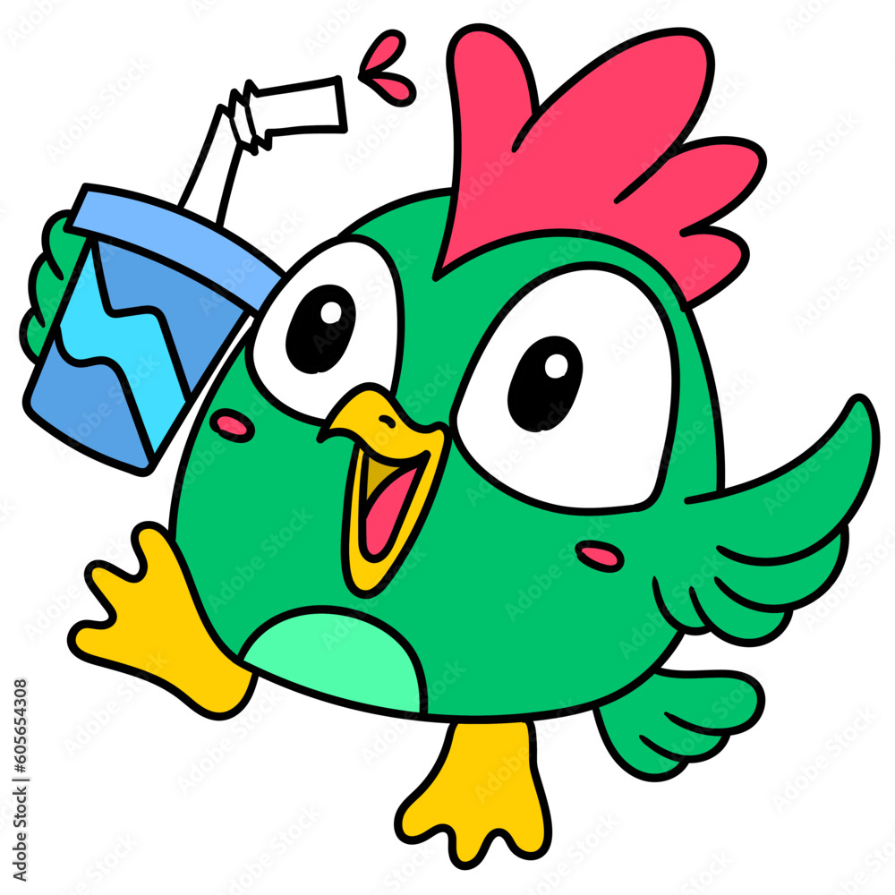 Sticker Colorful vector illustration of a cute cartoon parrot with a juice