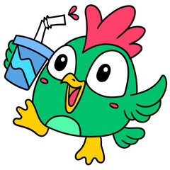 Colorful vector illustration of a cute cartoon parrot with a juice