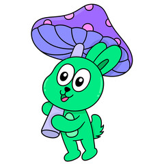 Colorful vector illustration of a cute cartoon rabbit carrying a mushroom