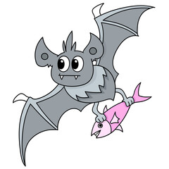 Colorful vector illustration of a cute cartoon bat carrying a fish