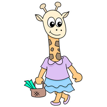 Vector of mother mother giraffe holding basket with groceries isolated in white background