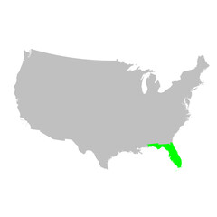 Vector map of the state of Florida highlighted in Green on a map of the United States of America.