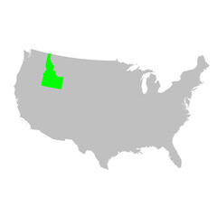 Vector map of the state of Idaho highlighted in Green on a map of the United States of America.