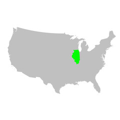 Vector map of the state of Illinois highlighted in Green on a map of the United States of America.