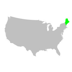 Vector map of the state of Maine highlighted in Green on a map of the United States of America.