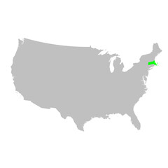 Vector map of the state of Massachusetts highlighted in Green on a map of the United States of America.