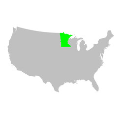 Vector map of the state of Minnesota highlighted in Green on a map of the United States of America.