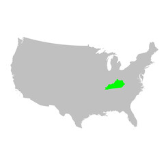 Vector map of the state of Kentucky highlighted in Green on a map of the United States of America.