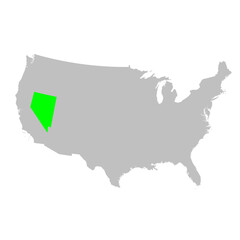 Vector map of the state of Nevada highlighted in Green on a map of the United States of America.
