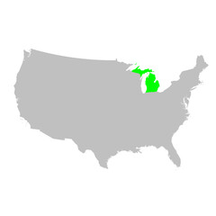 Vector map of the state of Michigan highlighted in Green on a map of the United States of America.