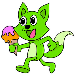 Vector of green weasel walking with a happy face holding ice cream