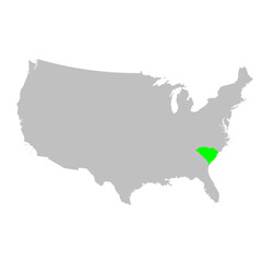 Vector map of the state of South Carolina highlighted in Green on a map of the United States of America.