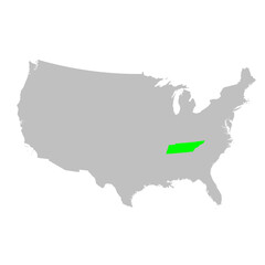 Fototapeta premium Vector map of the state of Tennessee highlighted in Green on a map of the United States of America.