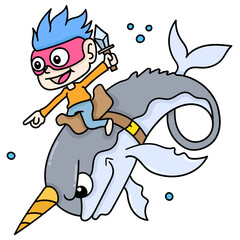Creative illustration of a hero boy character holding a dagger and riding a narwhal