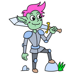 Creative illustration of a green warrior elf character wearing armor and holding a sword