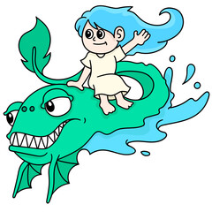 Creative illustration of a cartoon girl character riding a mystical water creature