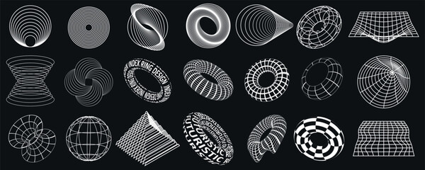 Retrofuturistic 3D shapes, sci-fi circle geometric shapes elements, mesh.Cyberpunk elements in vector. © Olgadesigner