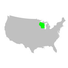 Vector map of the state of Wisconsin highlighted in Green on a map of the United States of America.