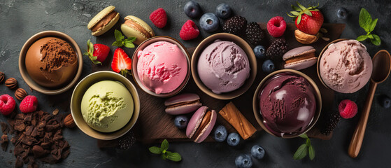Gourmet summer dessert of artisanal or craft ice cream made with fresh berries, macaroons, pistachio nuts and chocolate. Generative AI - obrazy, fototapety, plakaty