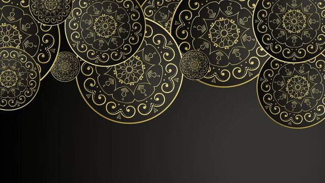mysterious beautiful hand drawn mandala for meditation, tattoo design oriental or indian, islamic ornament animation. Moving muslim arabesque wallpaper with luxury gold and black color