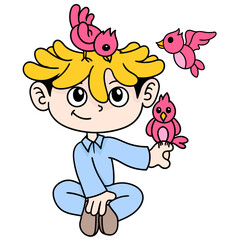 Vector illustration of a cartoon boy with pink birds isolated on a white background