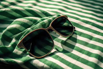 Close-up of a pair of sunglasses on a green and white striped fabric background - Generative AI